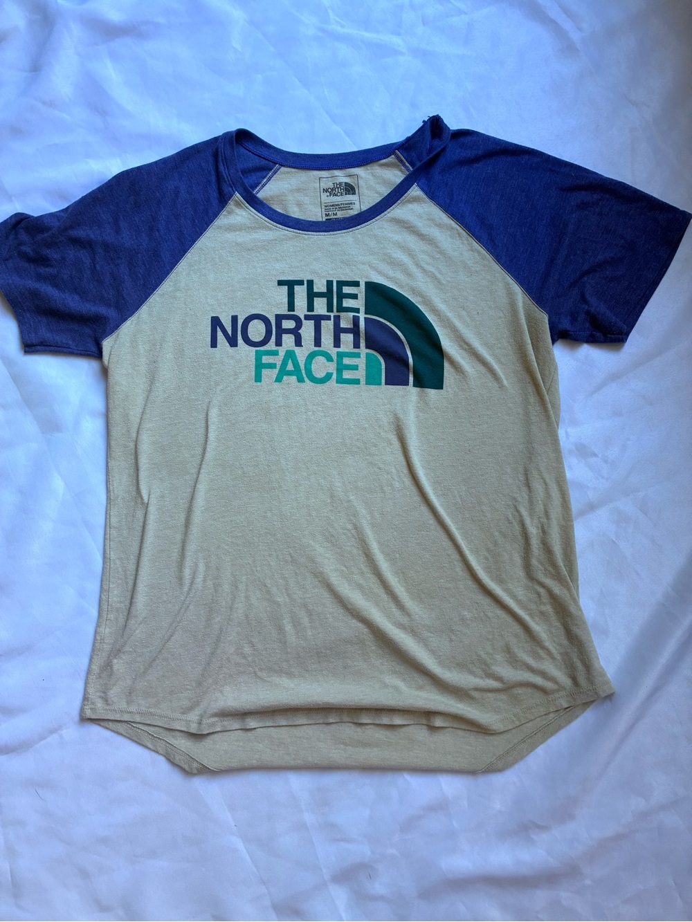 The North Face Cream Tee with Blue Raglan Sleeves